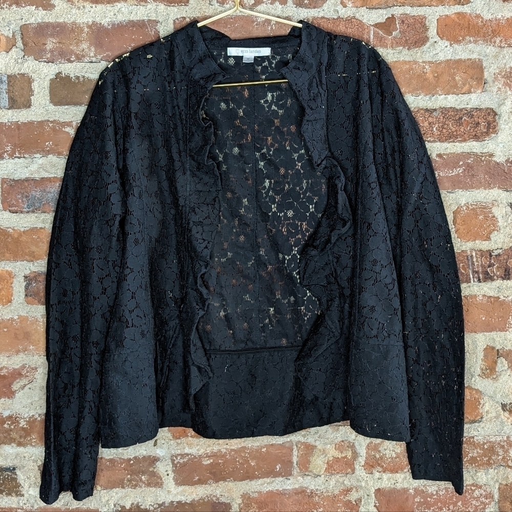 NWT Erin London Medium Black Lace Open Biker Boho III Jacket w/ Ruffle Collar